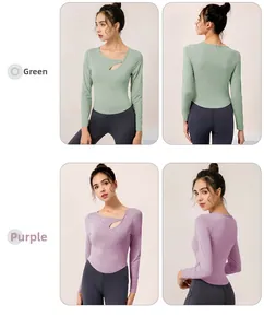Detailed view of the hollow cutout on green and purple long sleeve yoga shirts