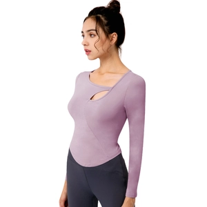 Slim fit lavender long sleeve yoga top with cutout neckline for women sport