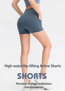 Detailed back view of high-waisted yoga shorts in hazy blue with butt-lifting effect