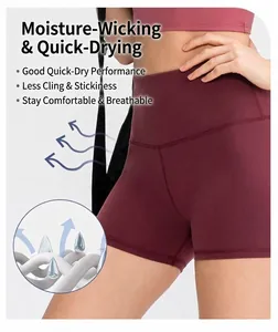 Detail showing Burgundy high-waisted yoga shorts with moisture-wicking fabric and seamless stitching