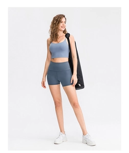 Blue high-waisted yoga shorts set with matching sports bra for fitness and gym wear