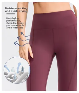 Detalle de mallas de yoga burdeos de talle alto con bolsillo lateral y tejido transpirable