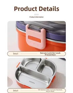 Détails de l'intérieur en acier 304 et des boucles étanches orange de la boîte bento