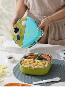 Boîte à bento poisson avec trois compartiments en acier inoxydable 304 et couverts