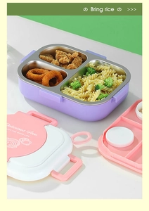 Three-grid purple bento box with stainless steel tray and delicious food presentation