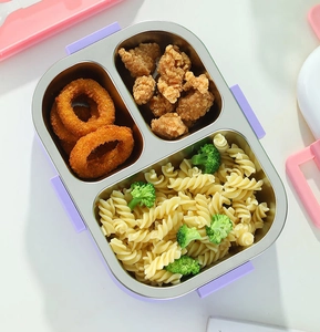 Three-compartment 304 stainless steel lunch box with pasta and broccoli meal prep inside