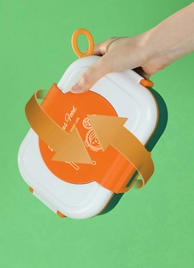 Detail of 304 stainless steel lunch box with portable handle and decorative text