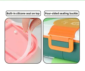 Close-up of pink lid with silicone sealing ring and orange leak-proof side buckles