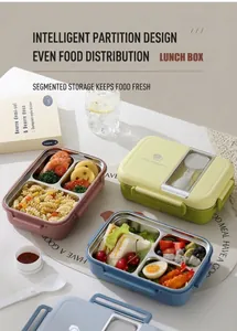 Detail of 304 stainless steel lunch box with multiple compartments and utensil storage