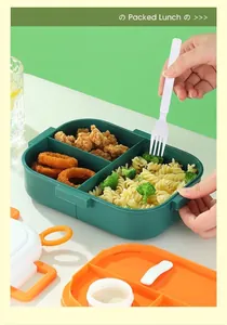 Three-compartment 304 stainless steel lunch box with pasta and broccoli detail