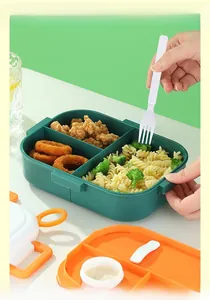 Three-compartment 304 stainless steel lunch box with pasta and broccoli detail