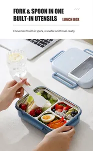 Detailed view of 3-compartment stainless steel bento lunch box with spoon and fork