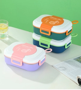 Three-color 304 stainless steel lunch boxes with portable handles and secure buckles