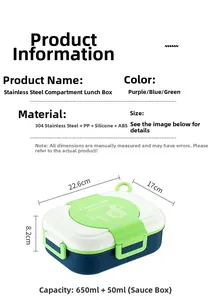 Detailed view of 304 stainless steel bento box showing 700ml compartments and dimensions