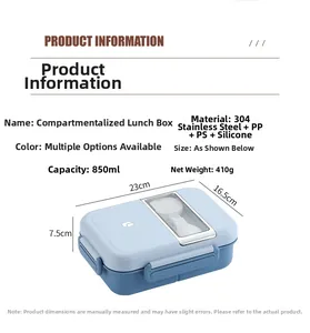 Detail of 850ml blue bento box showing 304 stainless steel interior and lid dimensions