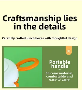Detail of the portable lunch box showing the flexible orange silicone carrying handle