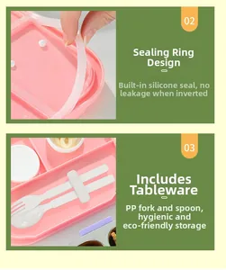 Detail of bento lunch box showing leak-proof silicone seal and internal cutlery storage