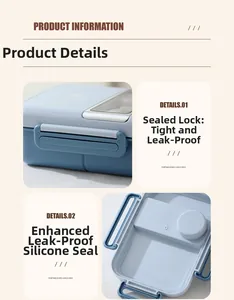 Detail of blue bento box showing secure locking clips and silicone leakproof seal ring