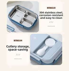 Detailed view of 304 stainless steel lunch box with cutlery storage and compartments