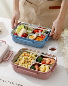 Detail of 304 stainless steel bento box with divided compartments for meal prep