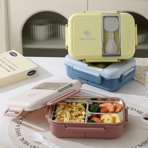 304 stainless steel bento box with compartments and built-in cutlery storage