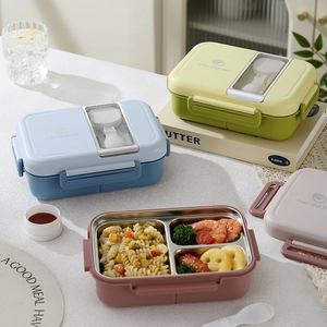 304 stainless steel bento lunch box with 3 compartments and utensils for students and adults