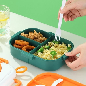 Green 3-compartment stainless steel lunch box with lid and fork for meal prep