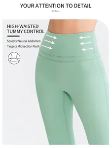Close-up of high-waist tummy control yoga leggings in mint green color