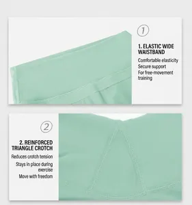 Detail of high-waist yoga leggings showing mint green elastic waistband and reinforced gusset
