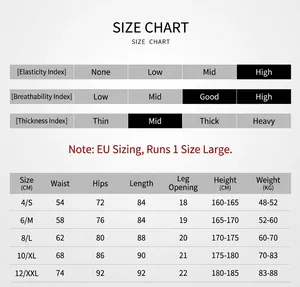 Detailed size chart for high waist yoga leggings with measurements from S to XXL