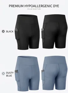 Dettaglio dei pantaloncini da yoga a vita alta con tasche laterali nero e blu-grigio