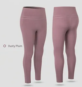 Detail of high waist deep purple yoga leggings with seamless front and compression waistband