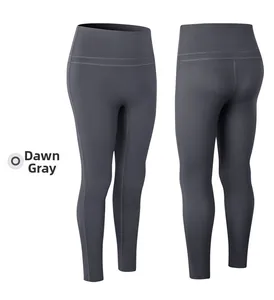 Front and back view of dawn grey high waisted yoga leggings with seamless design
