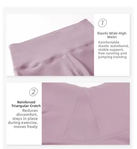 Détail de l'entrejambe renforcé et de la taille haute large sur le short de yoga lilas