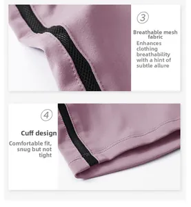 Détail de short de yoga violet avec coutures en mesh noir respirant et finition de qualité