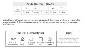 Tableau des tailles détaillé pour shorts de yoga avec conseils d'entretien du tissu