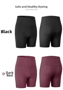 Vues avant et arrière d'un short de yoga taille haute en nylon, noir et rouge foncé