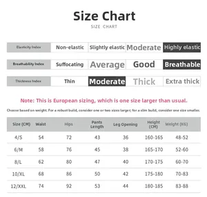 Guide des tailles pour shorts de yoga avec mesures de taille, hanches et élasticité