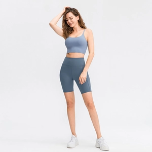 Pantaloncini yoga grigio-blu a vita alta con tasca laterale e set reggiseno sportivo