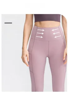 Close-up of high-waist lavender yoga pants featuring functional side pockets and tummy control