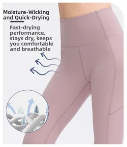 Detail of high-waist yoga leggings with side pocket and breathable fabric texture view