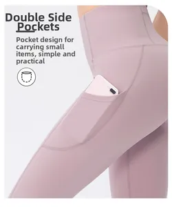Detail of high-waisted yoga leggings with functional side pockets holding a smartphone
