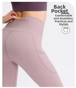 Detail of high-waisted yoga leggings featuring a functional hidden back waist pocket