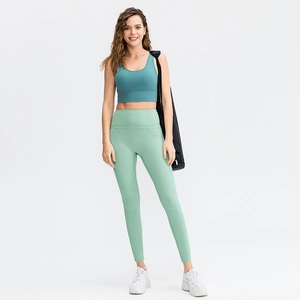 High waist mint green yoga leggings and teal sports bra set for women fitness training