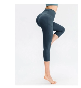 Detail view of high-waist yoga capris featuring side pockets and butt-lifting seam design