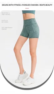Close-up of high-waisted teal leopard print yoga shorts showing elastic fabric texture