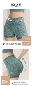 Macro detail of high-waisted leopard print yoga shorts with butt-lifting curved seams