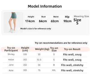 Size guide for camouflage yoga shorts including model measurements and fit recommendations