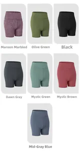 Detailed grid showing seven camouflage print colors of high-waist stretch yoga shorts