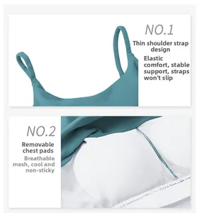 Detail of yoga tank top with thin shoulder straps and breathable mesh lining